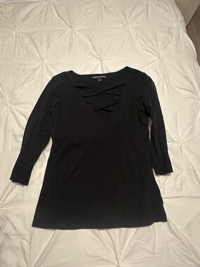 Boston Proper Black Long-Sleeve V-Neck Tee with Ladder Cutouts